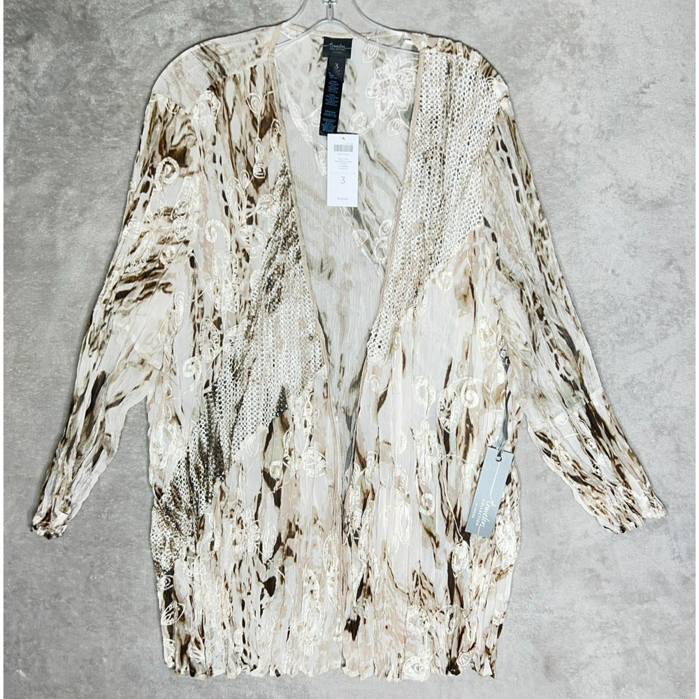 NWT‎ Chicos Travelers Cardigan Size 3/2x Embroidered Mesh Sheer Boho Crinkle